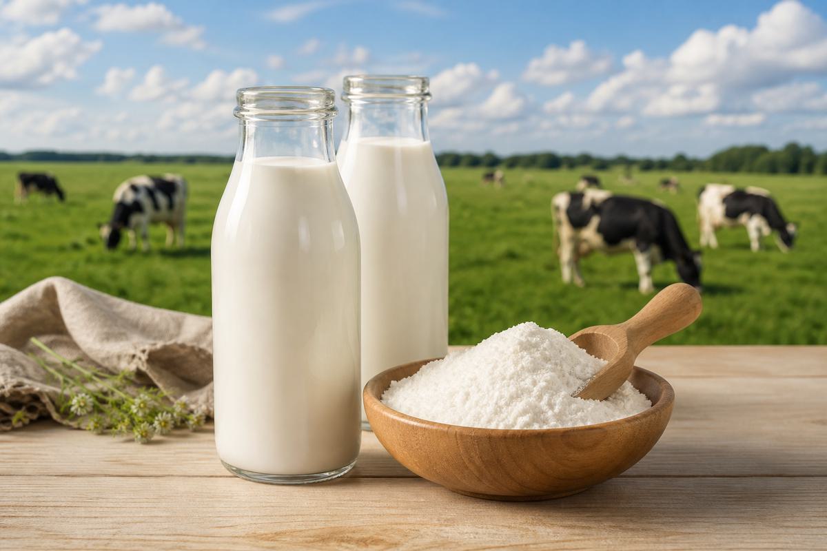 Milk and lactoferrin protein powder with dairy pasture background